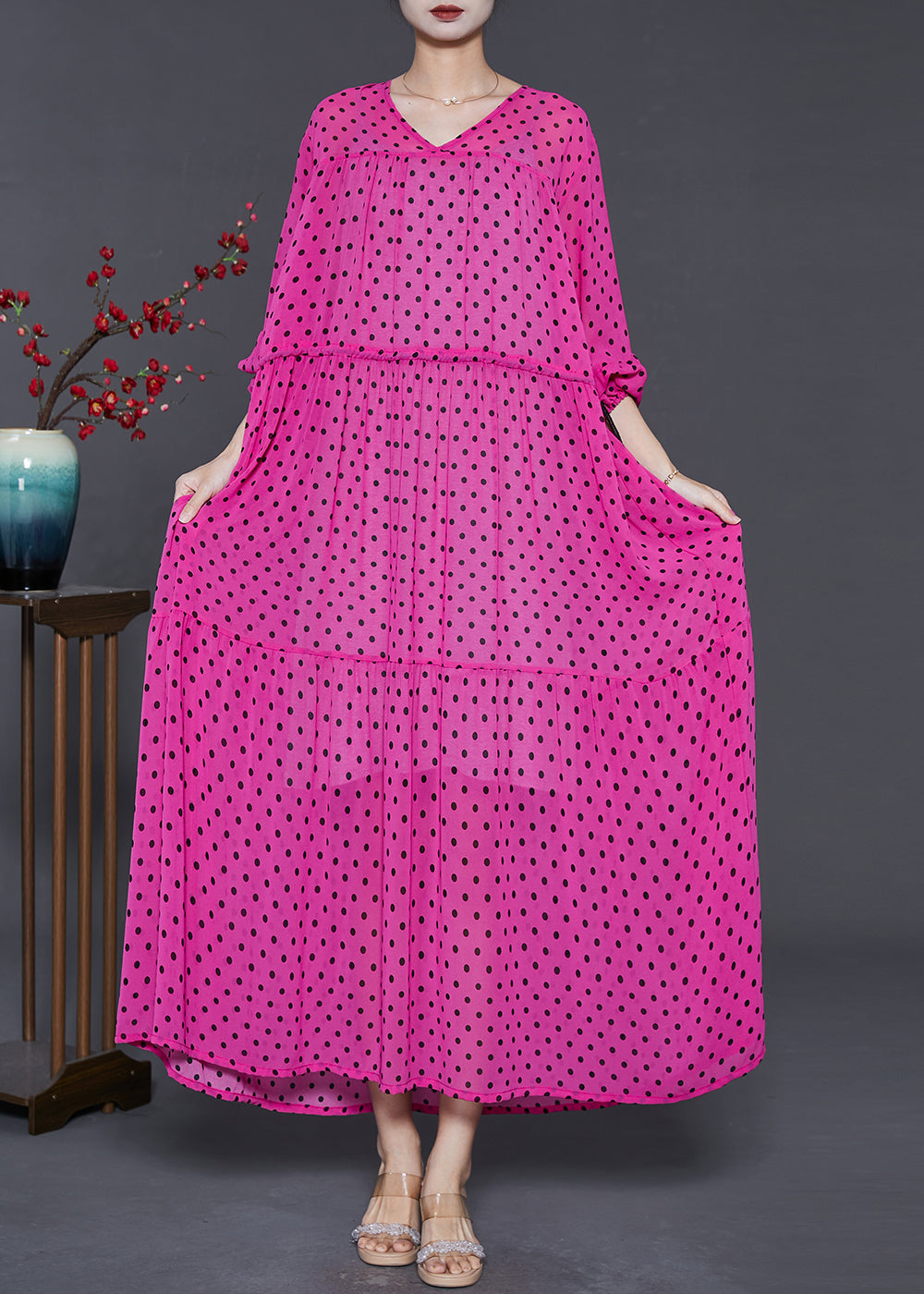 French Rose Cinched Print Chiffon Robe Dresses Summer
