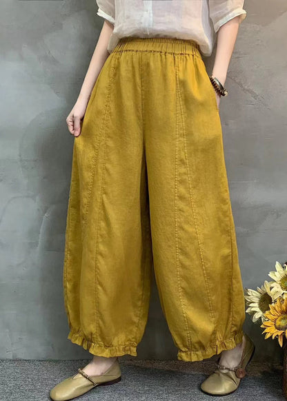 Handmade Yellow Ruffled Oversized Linen Harem Pants Summer