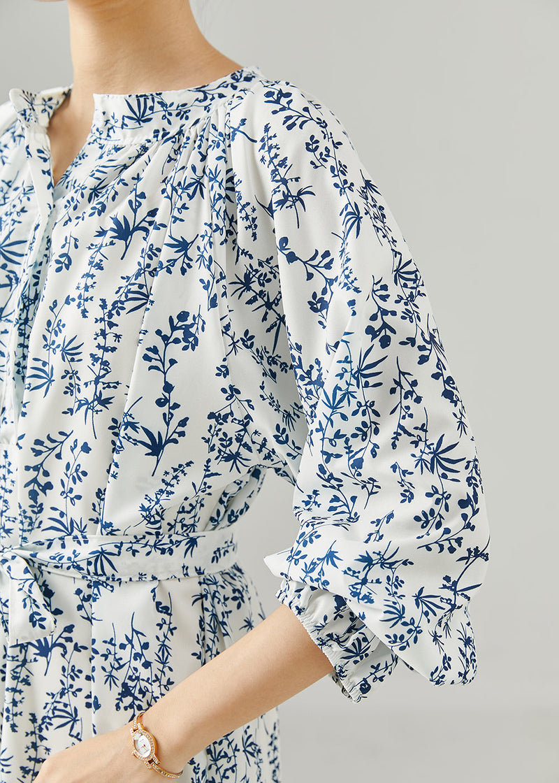 Fine White Tie Waist Print Chiffon Tea Dress Fall