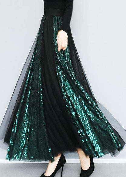Blackish Green Sequins Patchwork Tulle Skirts Spring