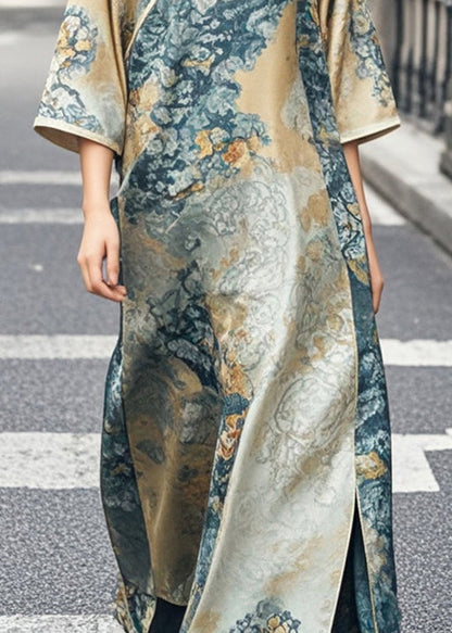 Khaki Print Side Open Silk Oriental Dress Bracelet Sleeve