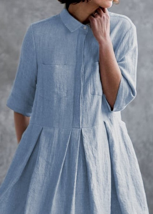 Blue Peter Pan Collar Button Cotton Shirts Dress Summer