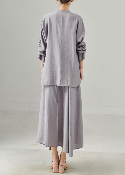 Grey Stand Collar Cotton Tops and Skirts Two Pieces Set Fall