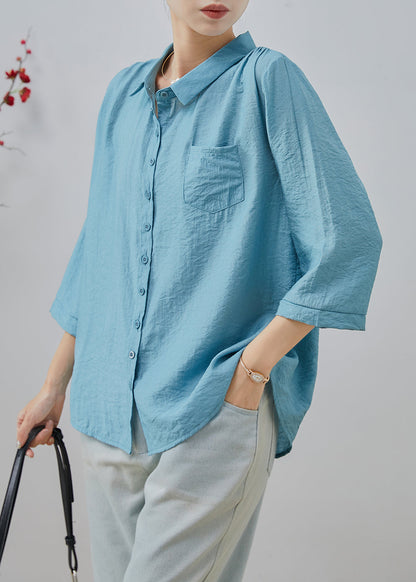 Blue Oversized Cotton Tops Bracelet Sleeve