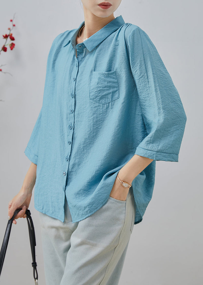 Blue Oversized Cotton Tops Bracelet Sleeve