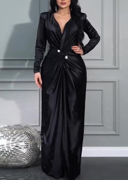 Peacock Blue V Neck Wrinkled Silk Dresses Long Sleeve