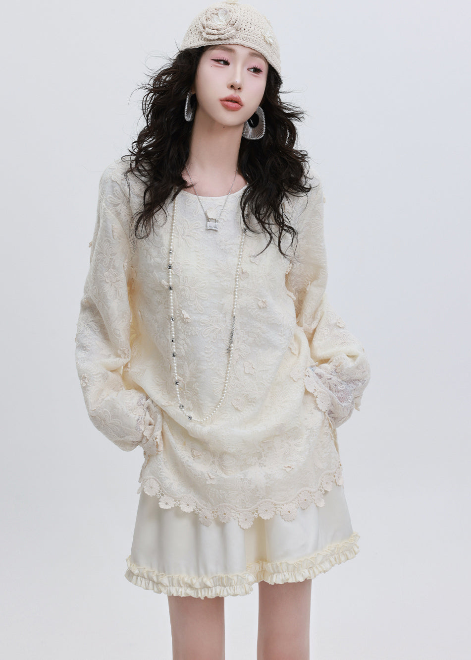Classy White Embroidered Lace Blouse Tops Spring