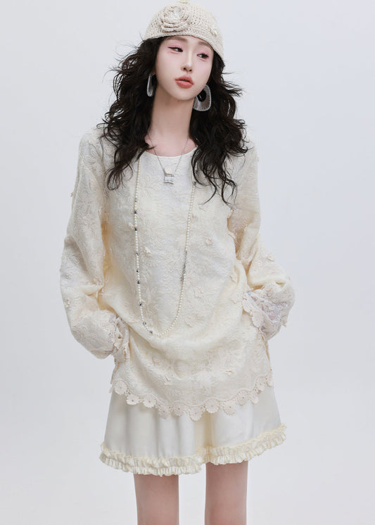 Classy White Embroidered Lace Blouse Tops Spring