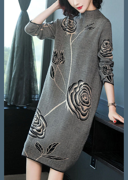 Black Stand Collar Print Knit Sweater Dress Winter