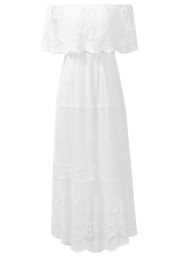 White Slash Neck Wrinkled Patchwork Lace Dress Summer