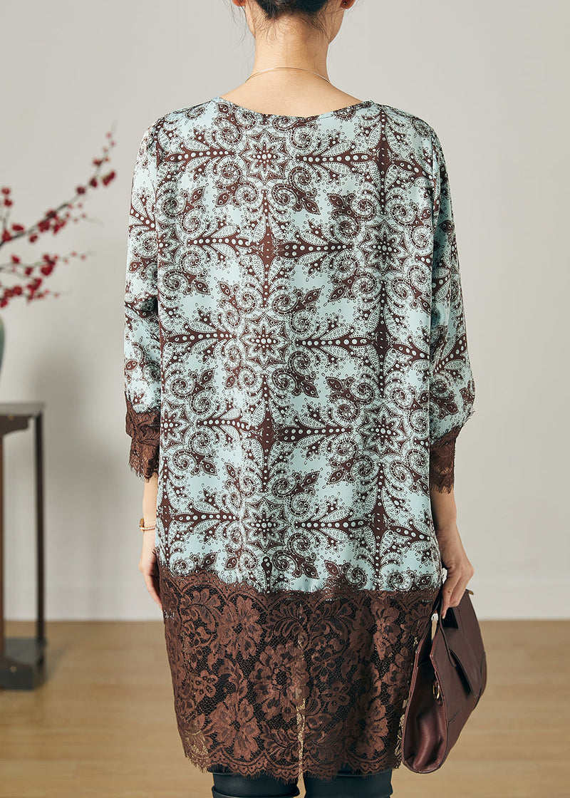 Blue Print Patchwork Lace Chiffon Short Dress Summer
