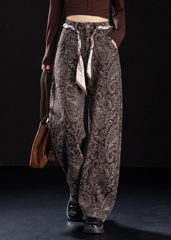 Brown Pockets Print Warm Fleece Denim Pants Winter