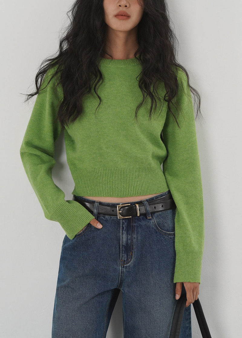 Green O Neck Knit Short Sweaters Tops Spring