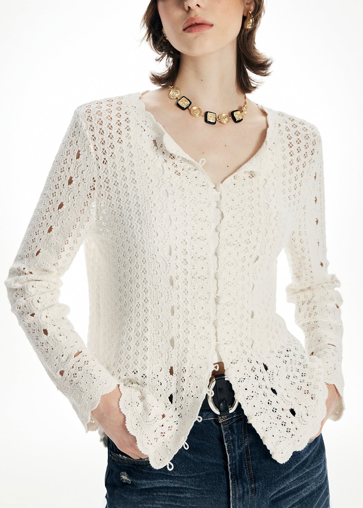 Beige O Neck Hollow Out Knit Cardigan Fall