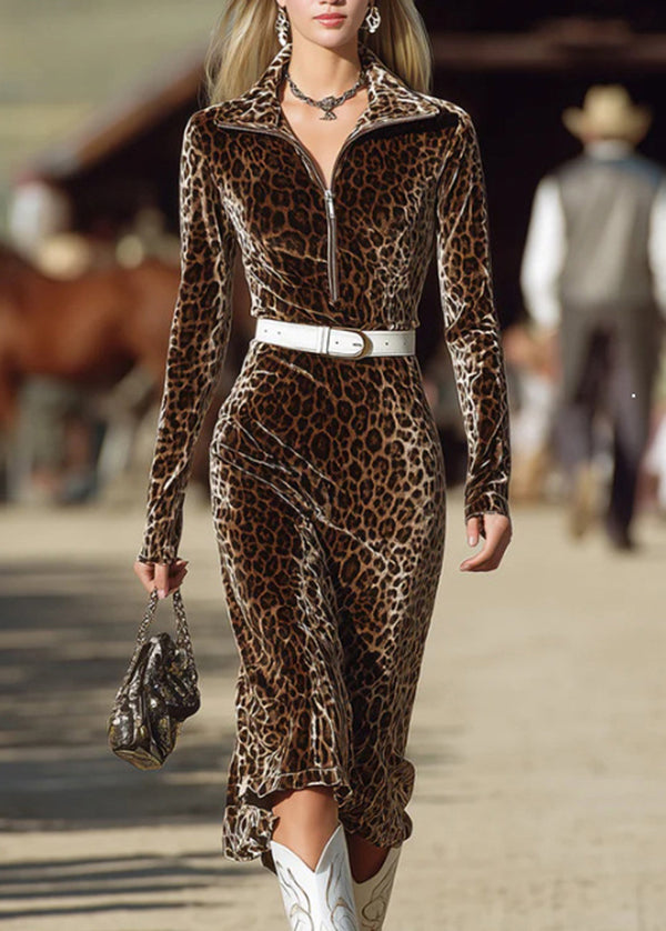 Zipper V-neck Leopard Pattern Slimming Long Dress Fall
