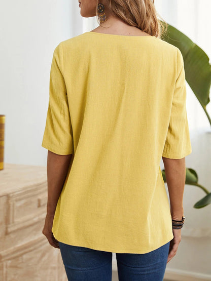 Irregular Round Neck Mid-sleeve Linen Top