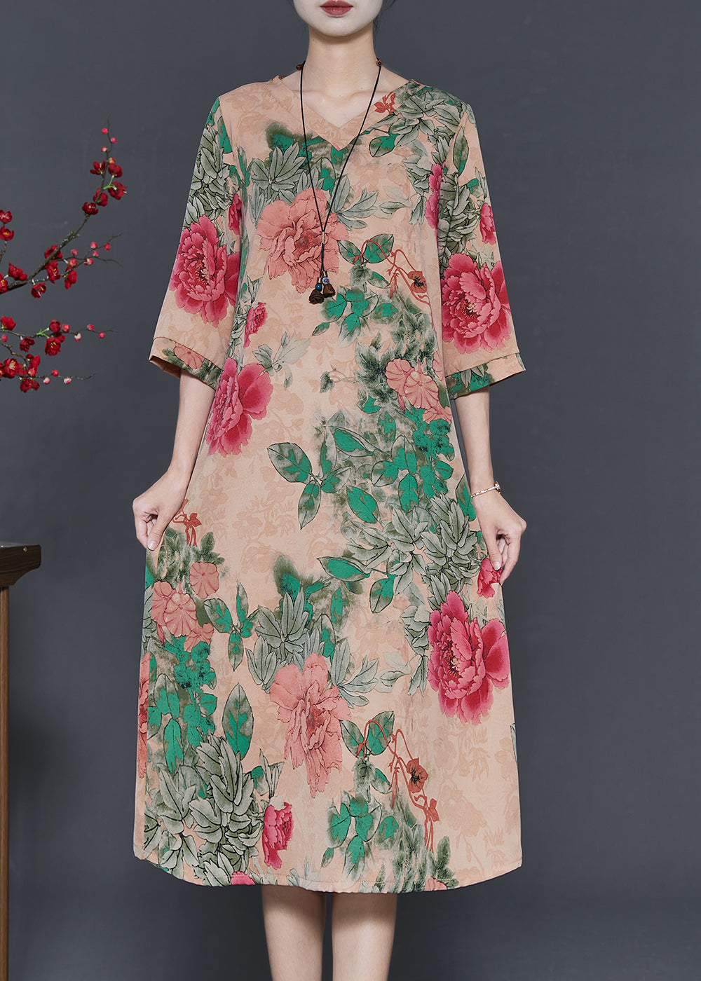 Khaki V Neck Print Chiffon Long Dresses Half Sleeve