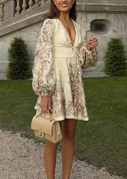 V Neck Print Cotton Dress Lantern Sleeve
