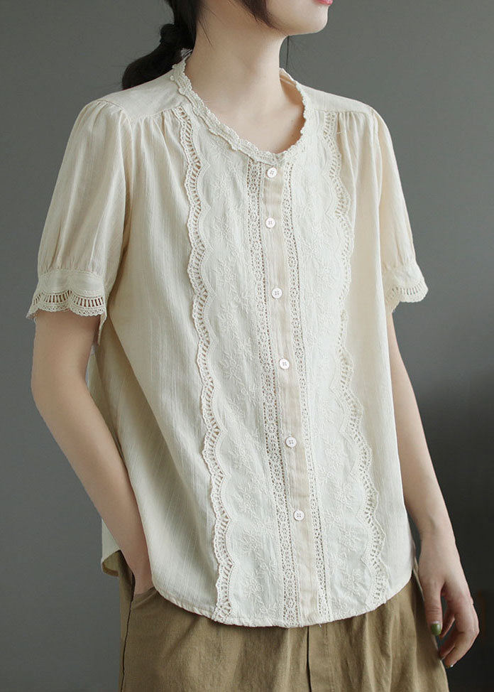 Simple Apricot O-neck Lace Patchwork Cotton Shirt Top Summer
