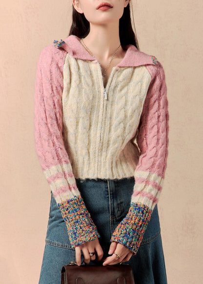 Pink Zip Up Patchwork Knit Sweaters Winter