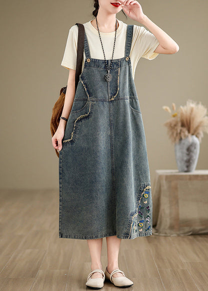 Denim Grey Embroidered Patchwork Spaghetti Strap Dress Sleeveless