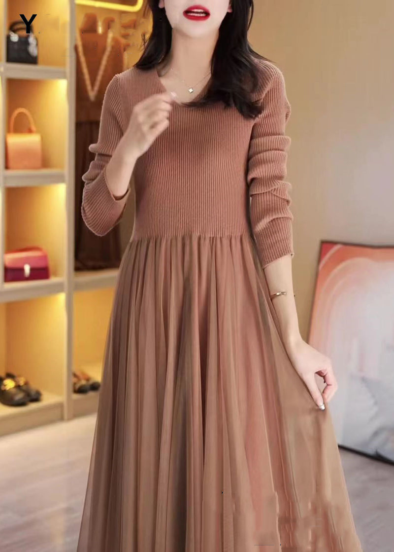 Khaki Embroidered Tulle Patchwork Knit Two Pieces Set Winter