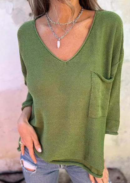Loose Khaki V Neck Pockets Knitted Tops Fall