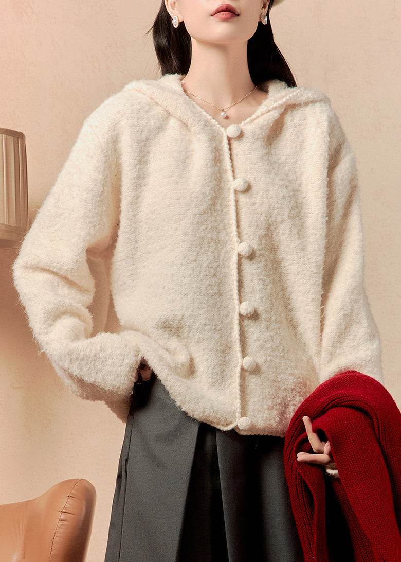 Beige Hooded Button Knit Coats Winter