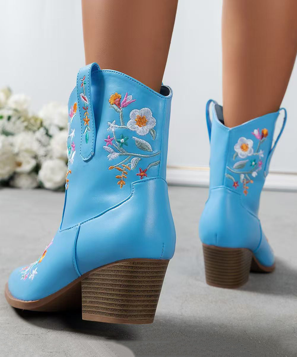 Stylish Blue Chunky Faux Leather Ankle Boots Embossed