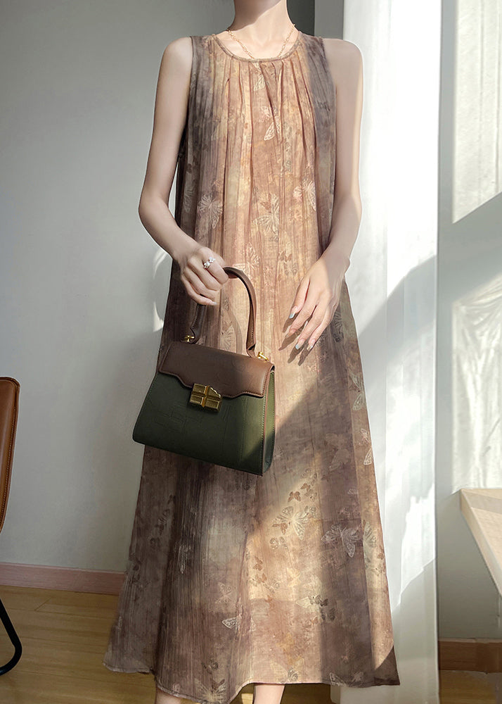 Brown O Neck Print Cotton Long Dress Sleeveless