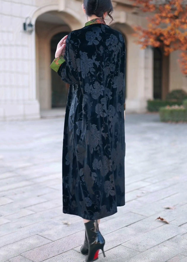 Black Stand Collar Print Silk Velvet Long Dress Winter