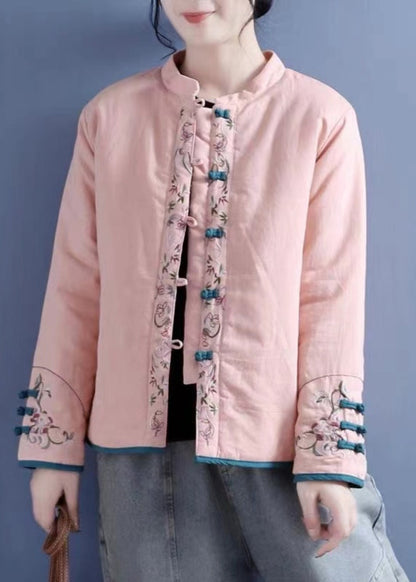 Orange Embroidered Button Cotton Filled Coats Winter