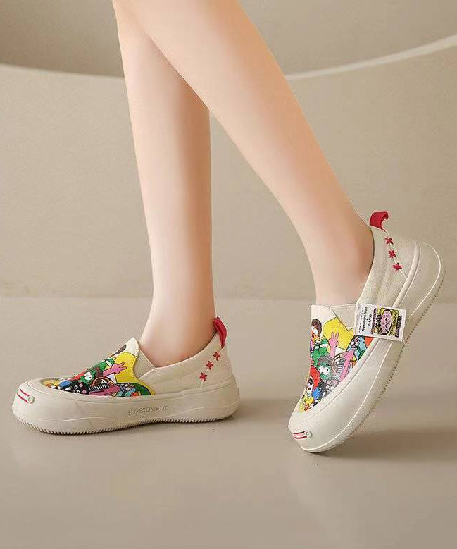 Beige Graffiti Platform Canvas Flat Shoes for