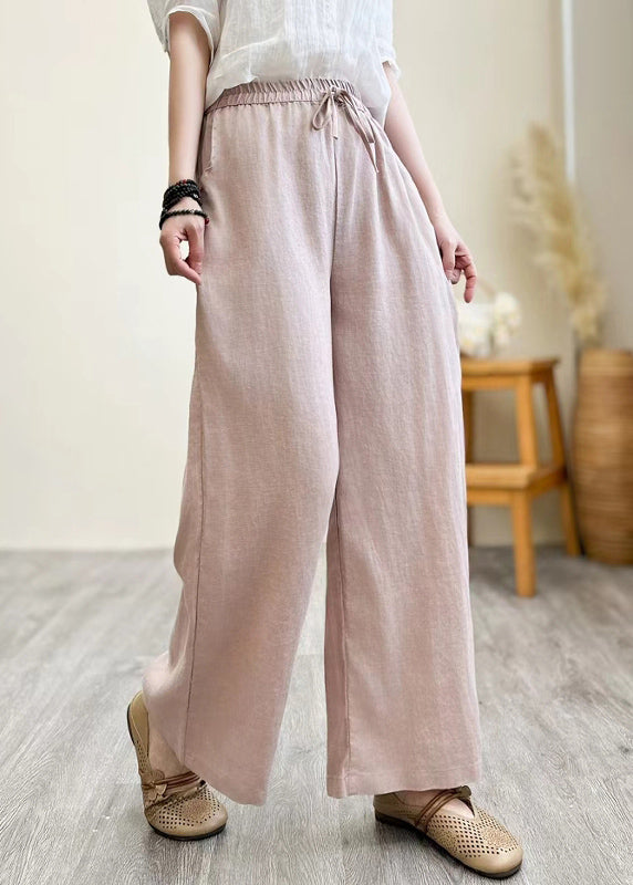 Khaki Elastic Waist Linen Straight Pants Summer