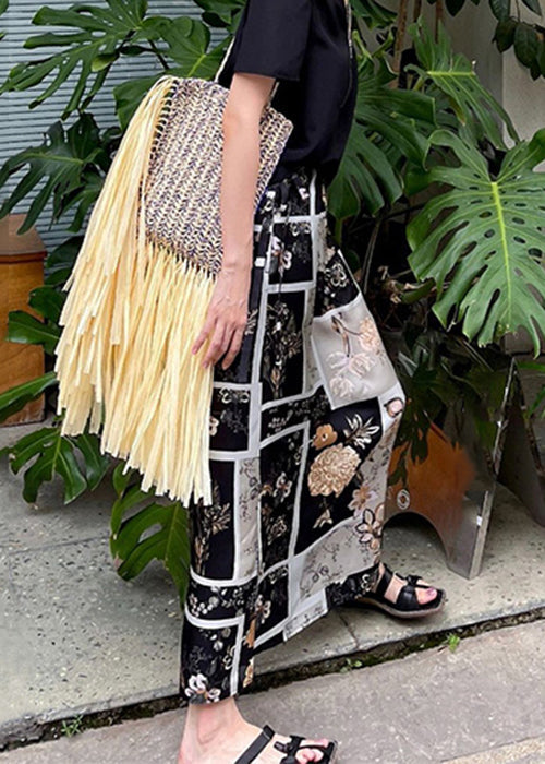 Black Print Side Open High Waist Skirt Summer