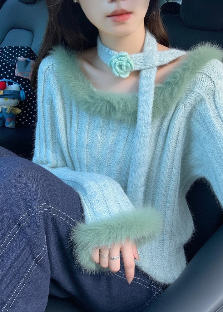 Blue Fur Collar Cozy Cotton Knit Sweaters Spring