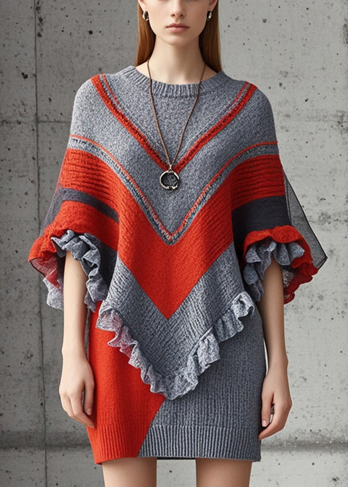 Grey Ruffled Patchwork Knitted Dress Batwing Sleeve