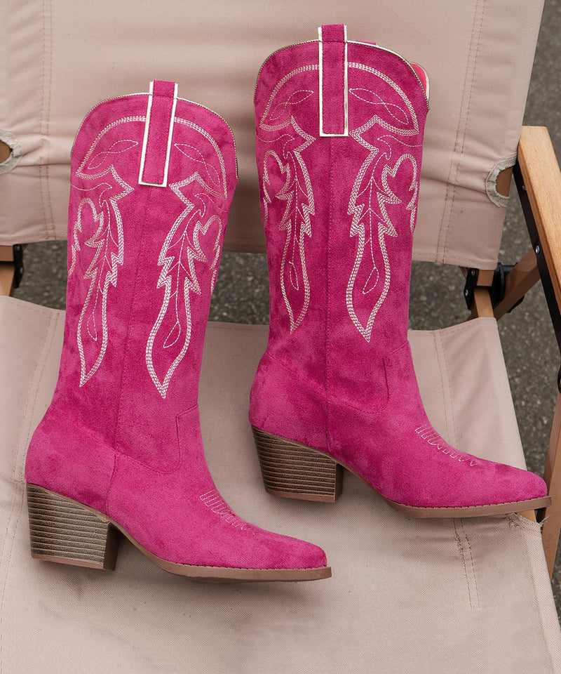 Green Pointed Toe Suede Embossed Chunky Boots