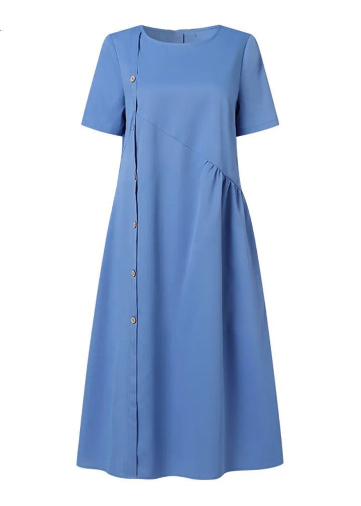 Blue O Neck Pockets Patchwork Cotton Dress Summer