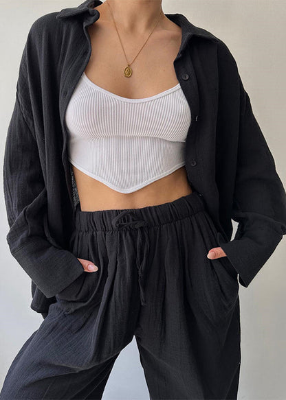 Khaki Shirts and Pants Cotton Two Pieces Set Long Sleeve