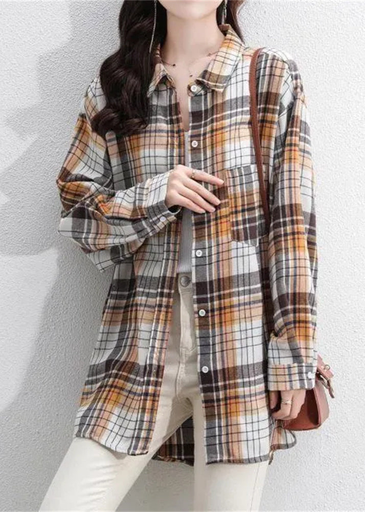 Navy Peter Pan Collar Plaid Cotton Shirt Coats Spring