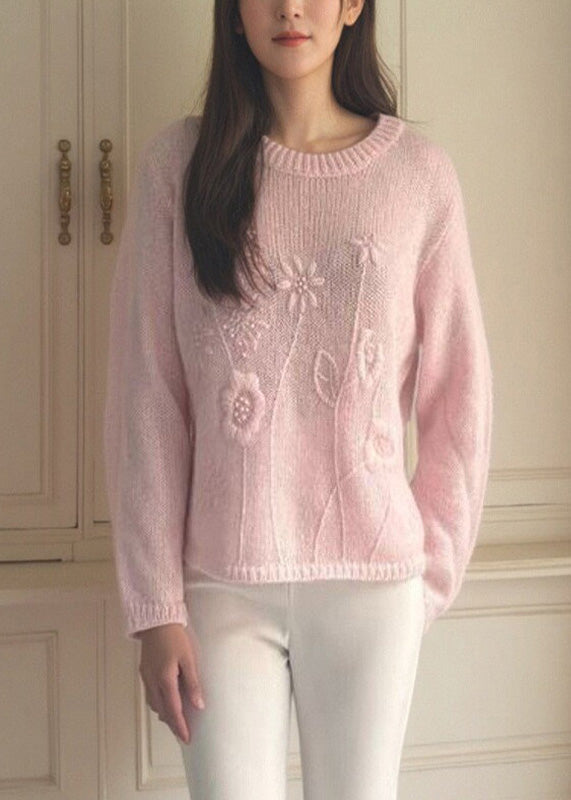 Loose Pink O-neck Cotton Knit Sweater Fall