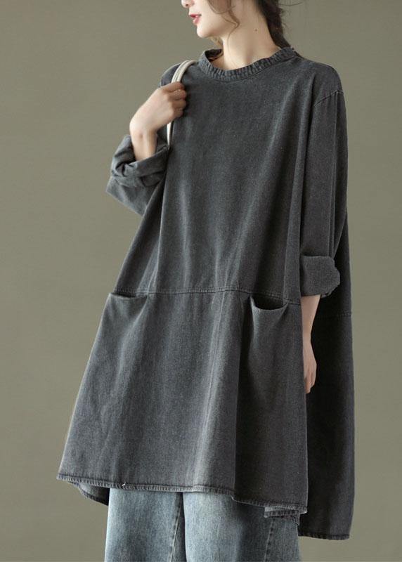 Black Grey-yellow Flower O-neck Pockets Denim Long Dresses Long Sleeve