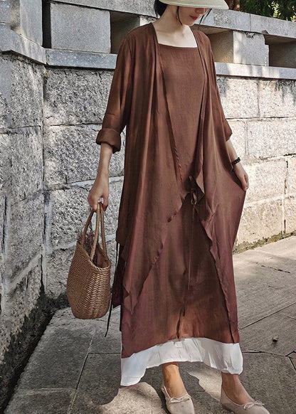Brown Cotton Upf 50+ Long Cardigan Asymmetrical Long Sleeve
