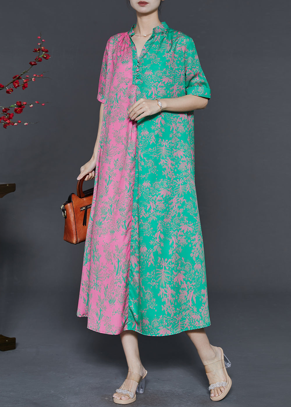 Colorblock V Neck Patchwork Print Silk Party Dress Summer