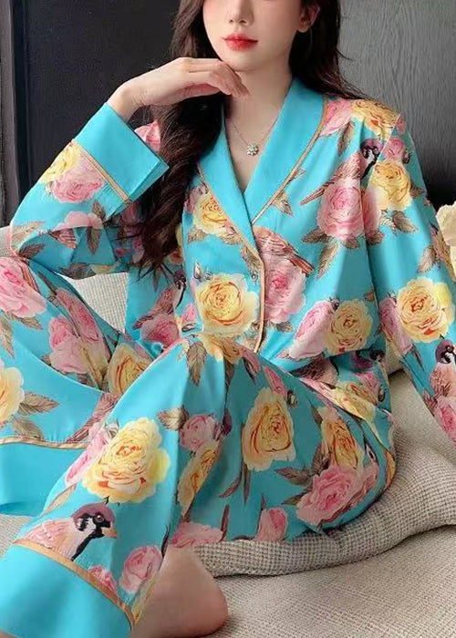 Blue Roses Print Blouses and Pants Ice Silk Pajamas Two Pieces Set Spring