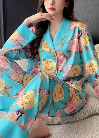 Blue Roses Print Blouses and Pants Ice Silk Pajamas Two Pieces Set Spring