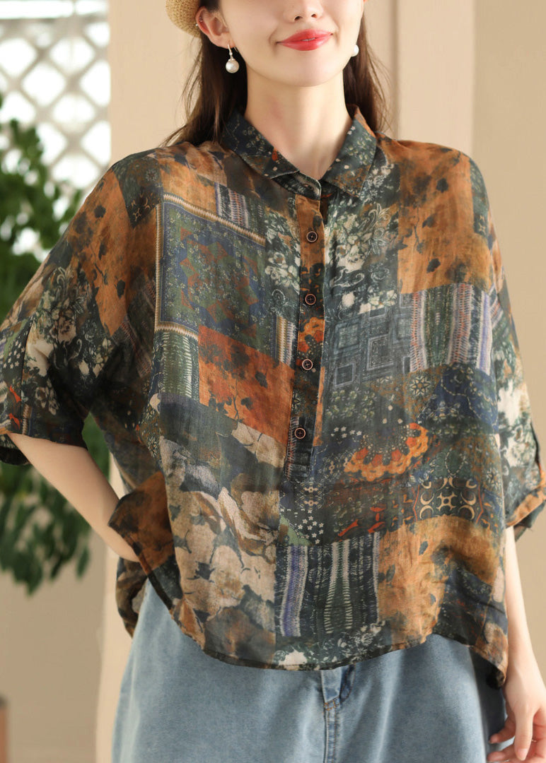 Green Peter Pan Collar Print Button Linen Shirt Summer