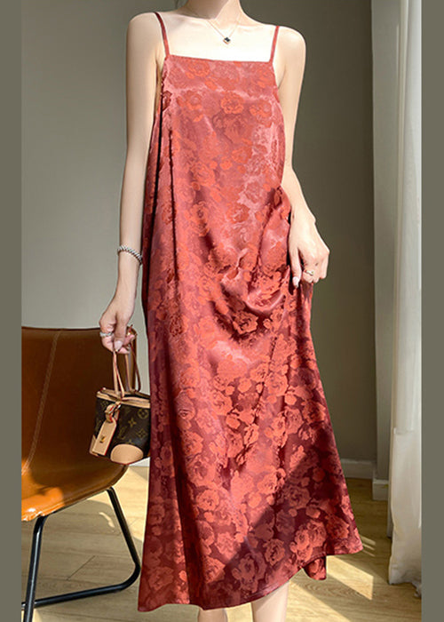 Red Print Pockets Silk Spaghetti Strap Dress Sleeveless
