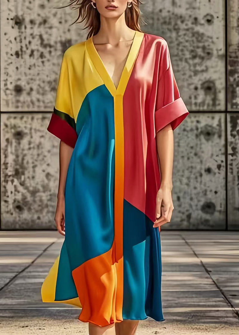 Colorblock Oversized Patchwork Silk Dress Summer